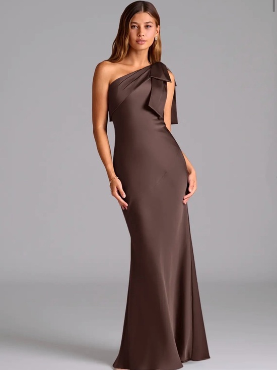 Azazie Dresses & Skirts - Azazie One-Shoulder Bow Satin Dress in dark brown